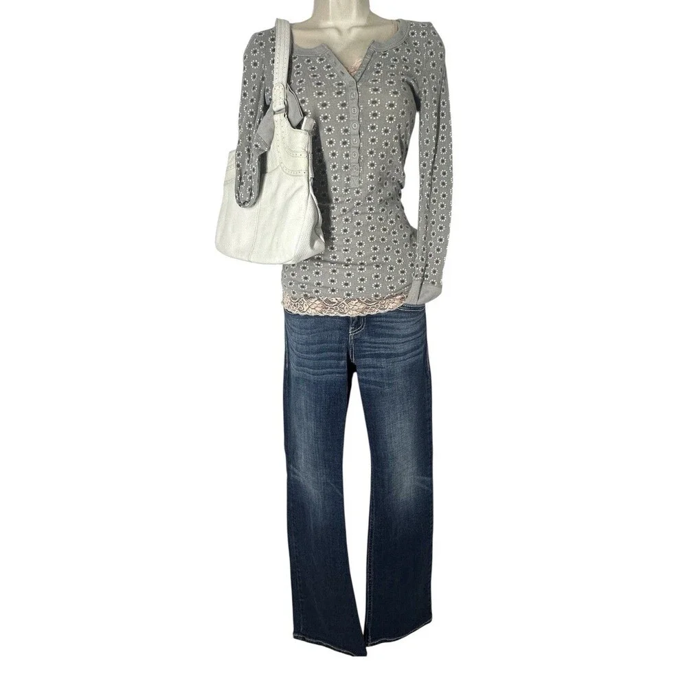Aeropostale Ribbed Henley Top Gray Dot Y2K Fitted Long Sleeve M - Picture 6 of 6